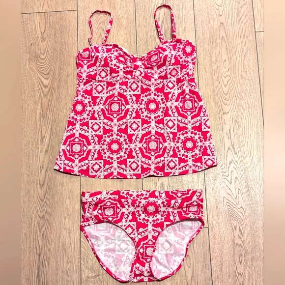 Liz Lange Maternity S Hot‎ Pink White Print Tankini Swim Suit 2 Piece Bathing - Picture 1 of 6